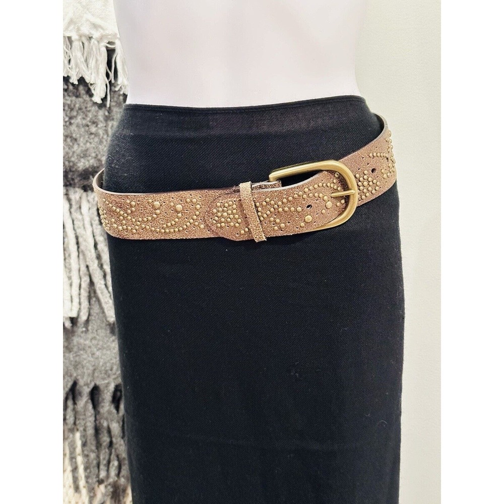 Express Women’s Brown Leather Studded Brass Buckle Belt Sz S 27.5” - 32”